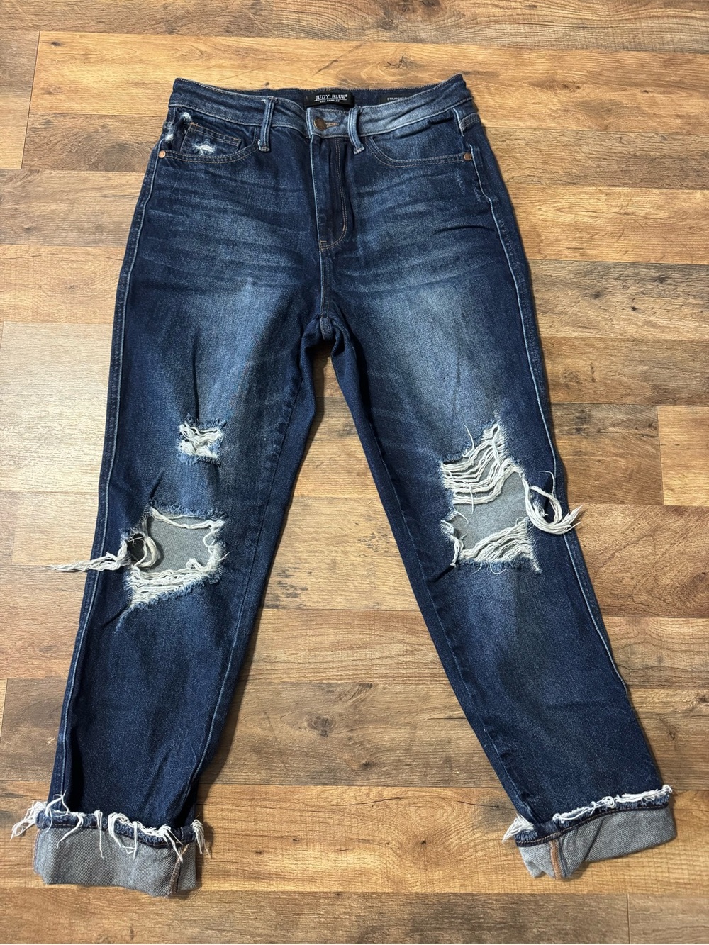 Judy Blue Dark Indigo Distressed Straight Leg Jeans